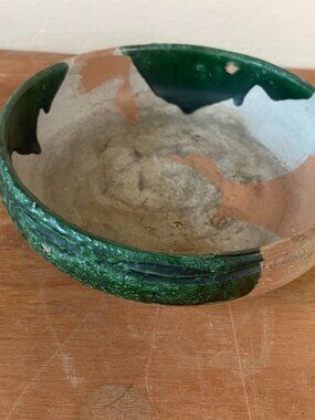 Studio Pottery Bowl Green, Pink & Beige Artist Stamped